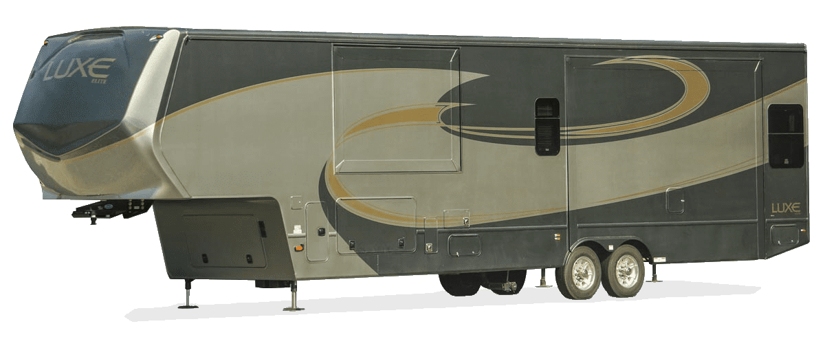 Luxe Elite 39FB luxury fifth wheel RV exterior with full-body paint and slide-outs