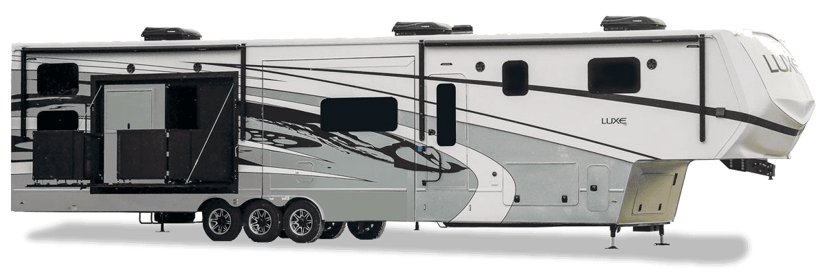 Luxe Tsunami Toy Hauler luxury fifth wheel with full-body paint and rear patio deck extended
