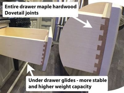 Luxe Fifth Wheel maple hardwood dovetail drawers with under-mount glides for stability and high capacity