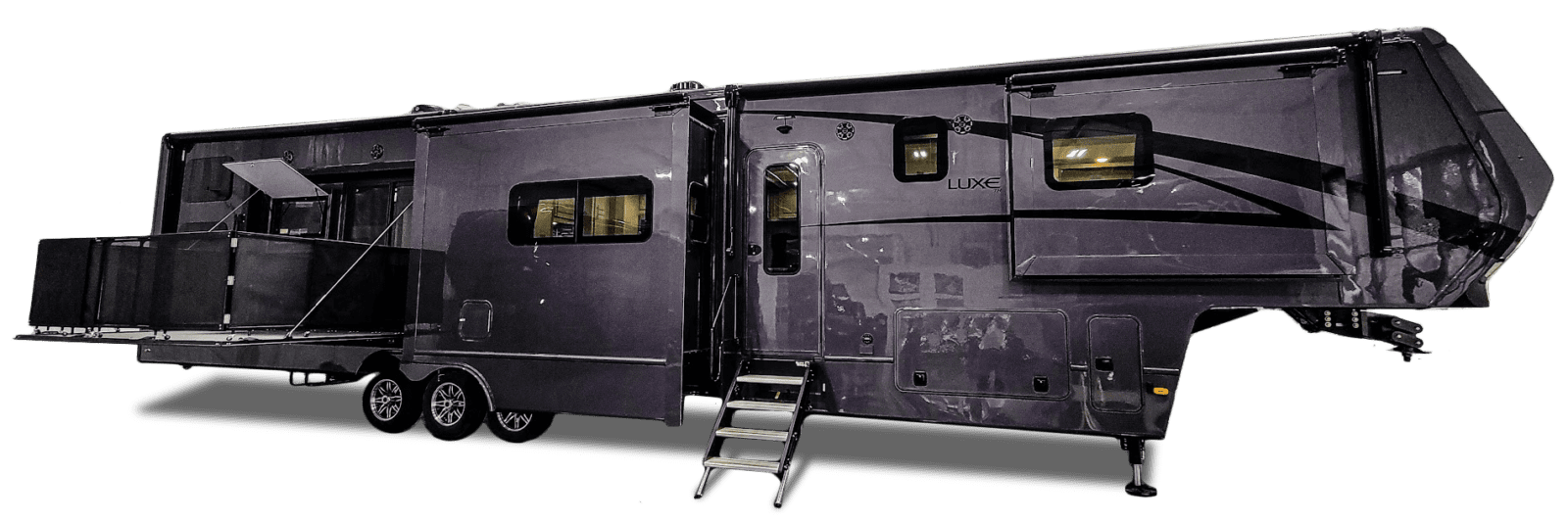 Luxe Fifth Wheel RV with slide-outs extended and rear patio deck, showcasing luxury features