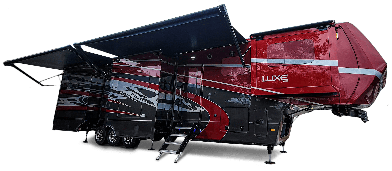 Luxe Elite luxury fifth wheel RV with awnings extended and slide-outs deployed