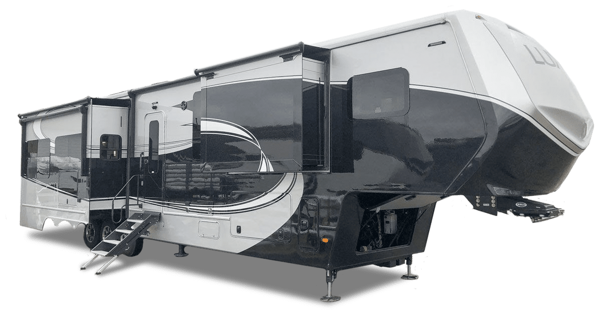 Luxe 42RL Elite luxury fifth wheel RV with slide-outs extended and full-body paint