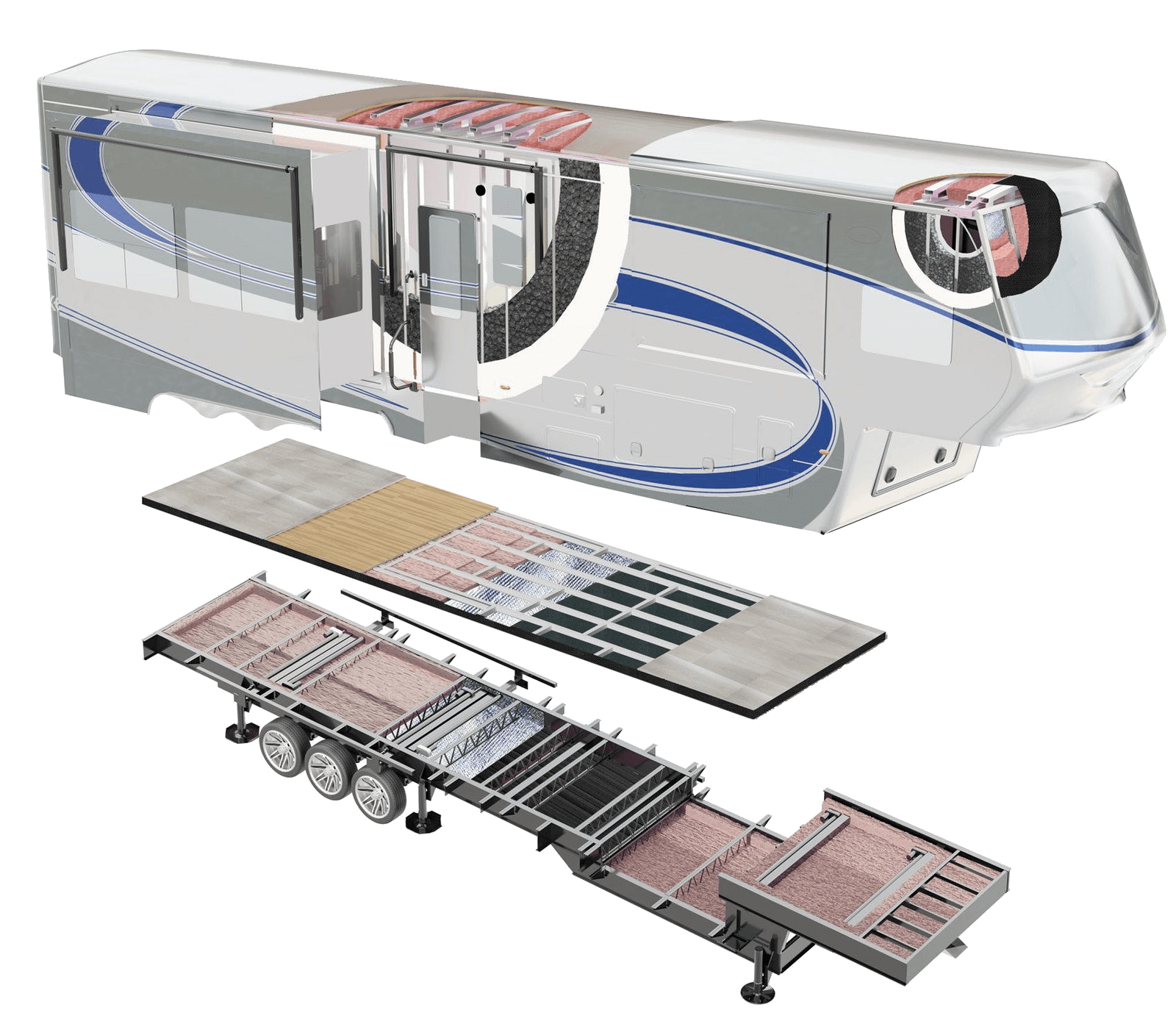 Luxe Fifth Wheel cutaway showing chassis, floor, and wall construction with independent suspension