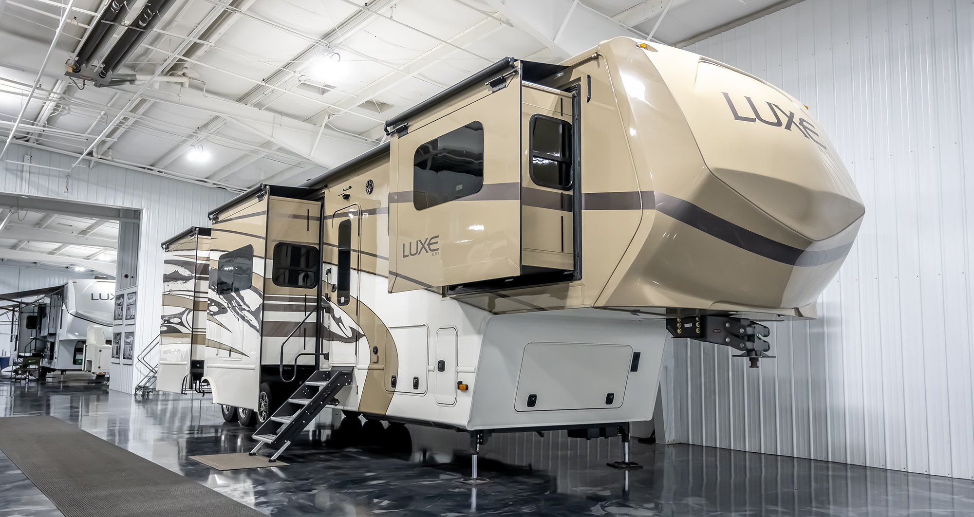 A Luxe Elite on display at the Luxe 5th Wheel showroom in Elkhart, Indiana.