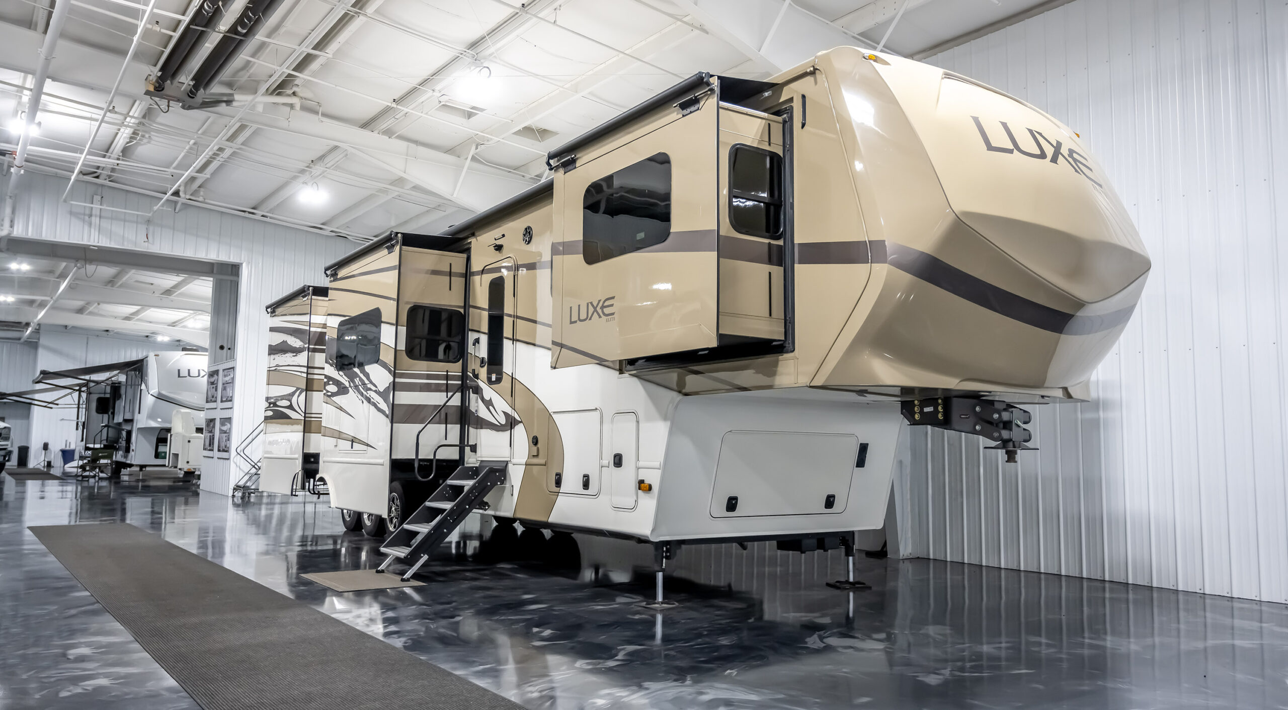 A Luxe Elite on display at the Luxe 5th Wheel showroom in Elkhart, Indiana.