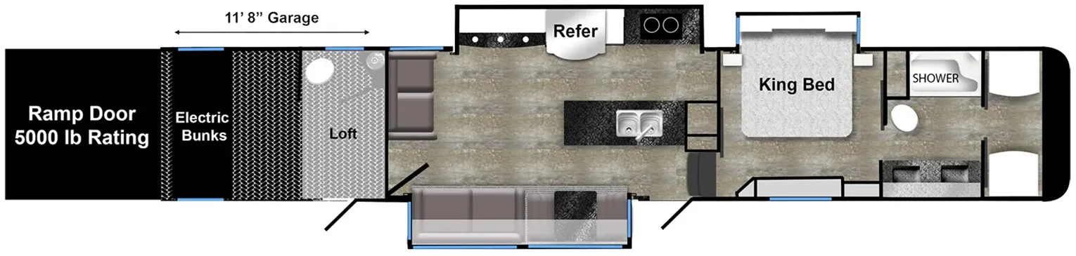 The floor plan of the Luxe 5th Wheel Toy Hauler 46FB.