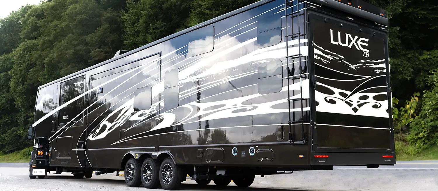 The exterior of a Luxe 5th Wheel Toy Hauler.
