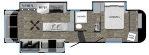 Luxe Elegante 33EFS luxury fifth wheel floor plan with queen bed, shower, kitchen, and living area slide-outs