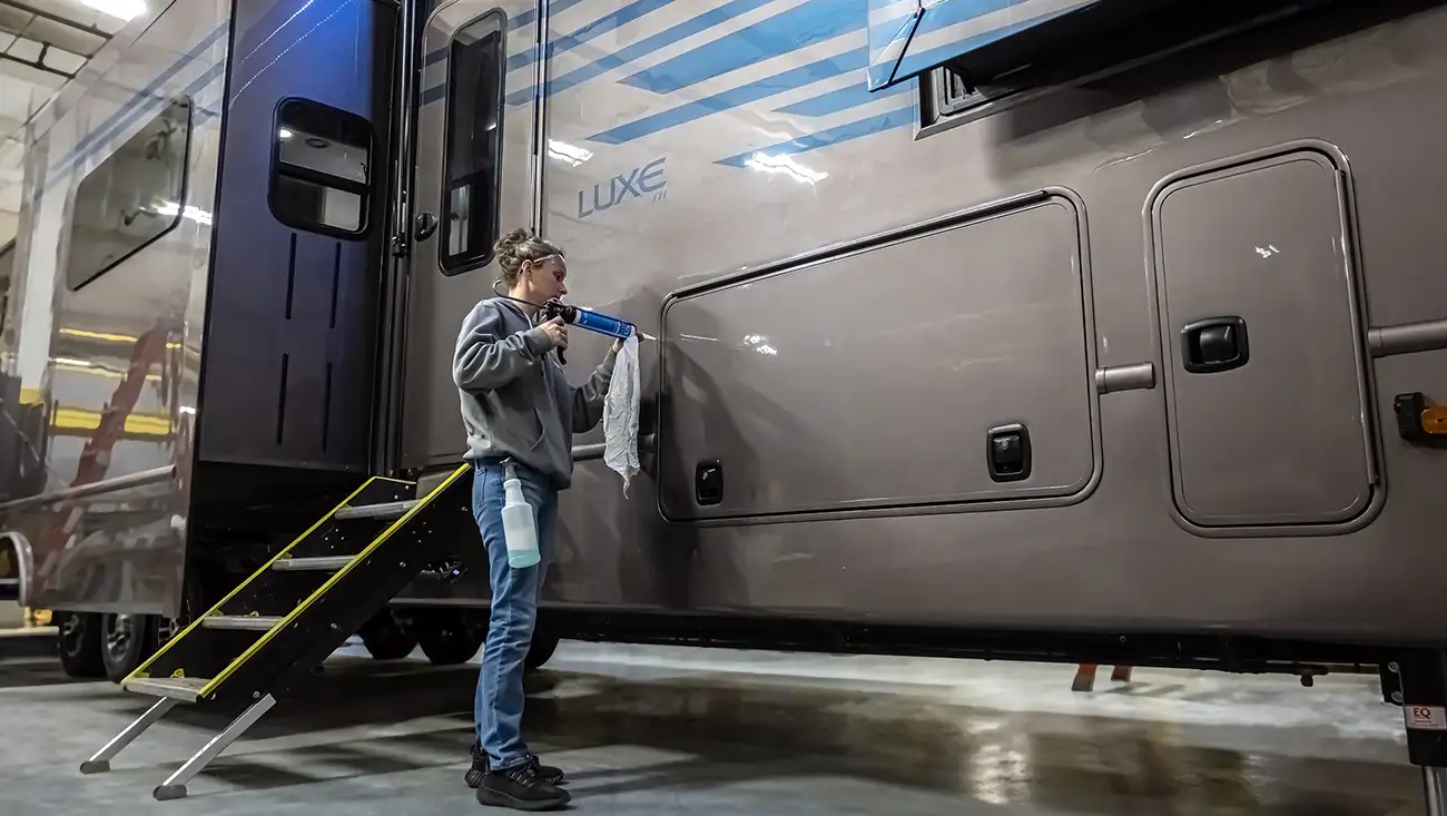 A photo of production of a luxury fifth wheel by Luxe Fifth Wheel.
