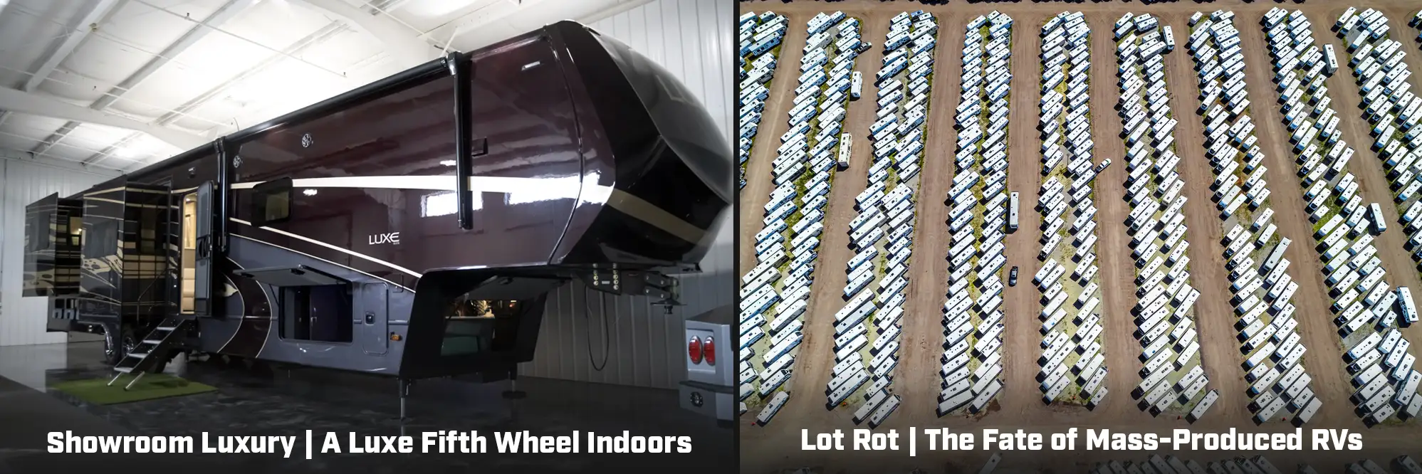 A Luxe Fifth Wheel in an indoor showroom compared to mass produced suffering from lot rot in an outdoor lot.