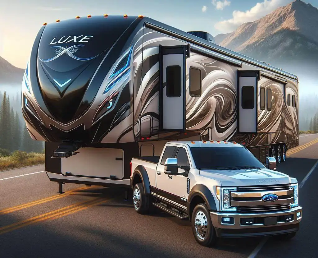 An AI designed fifth wheel hauler RV concept by Luxe Fifth Wheel.