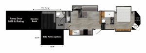 Luxe Regent 49TH Toy Hauler luxury fifth wheel floor plan with garage, side patio, and master suite