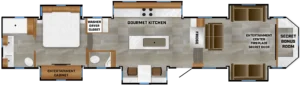 Luxe Regent luxury fifth wheel RV floorplan with gourmet kitchen, master suite, and secret bonus room