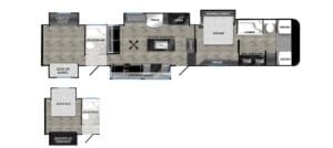 Luxe Fifth Wheel 2-bedroom, 2-bathroom floorplan for full-time luxury RV living