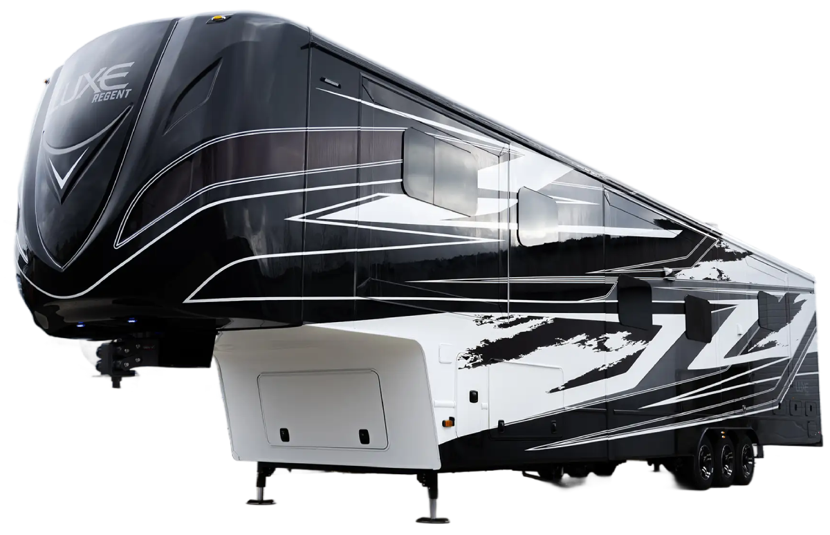 Luxe Regent luxury fifth wheel RV with black and white full-body paint and slide-outs